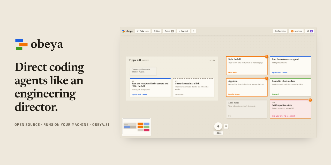 Social preview: the Obeya wordmark and the headline Direct coding agents like an engineering director, beside a screenshot of the canvas
